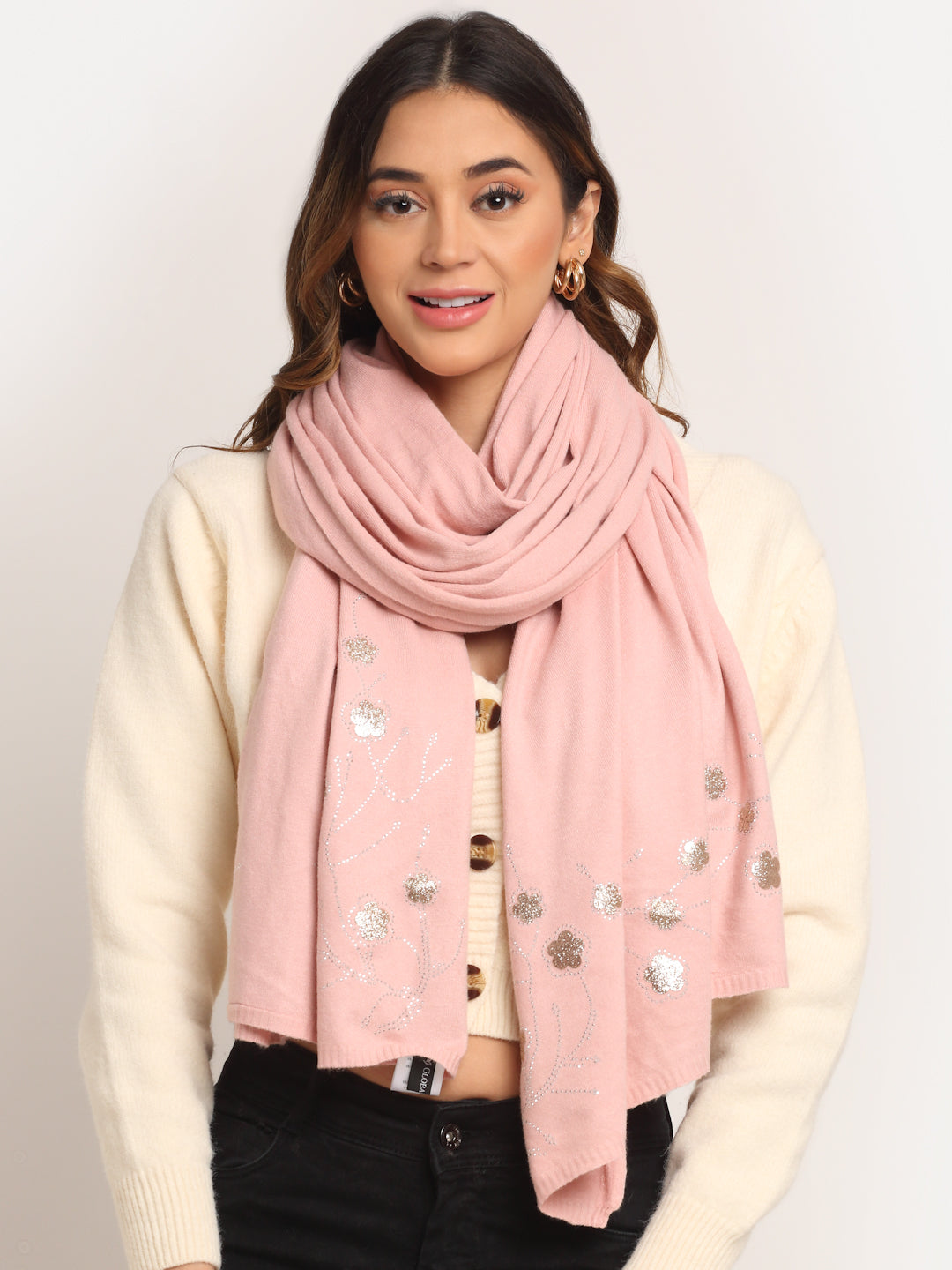 Women Pink Knit Solid Stole