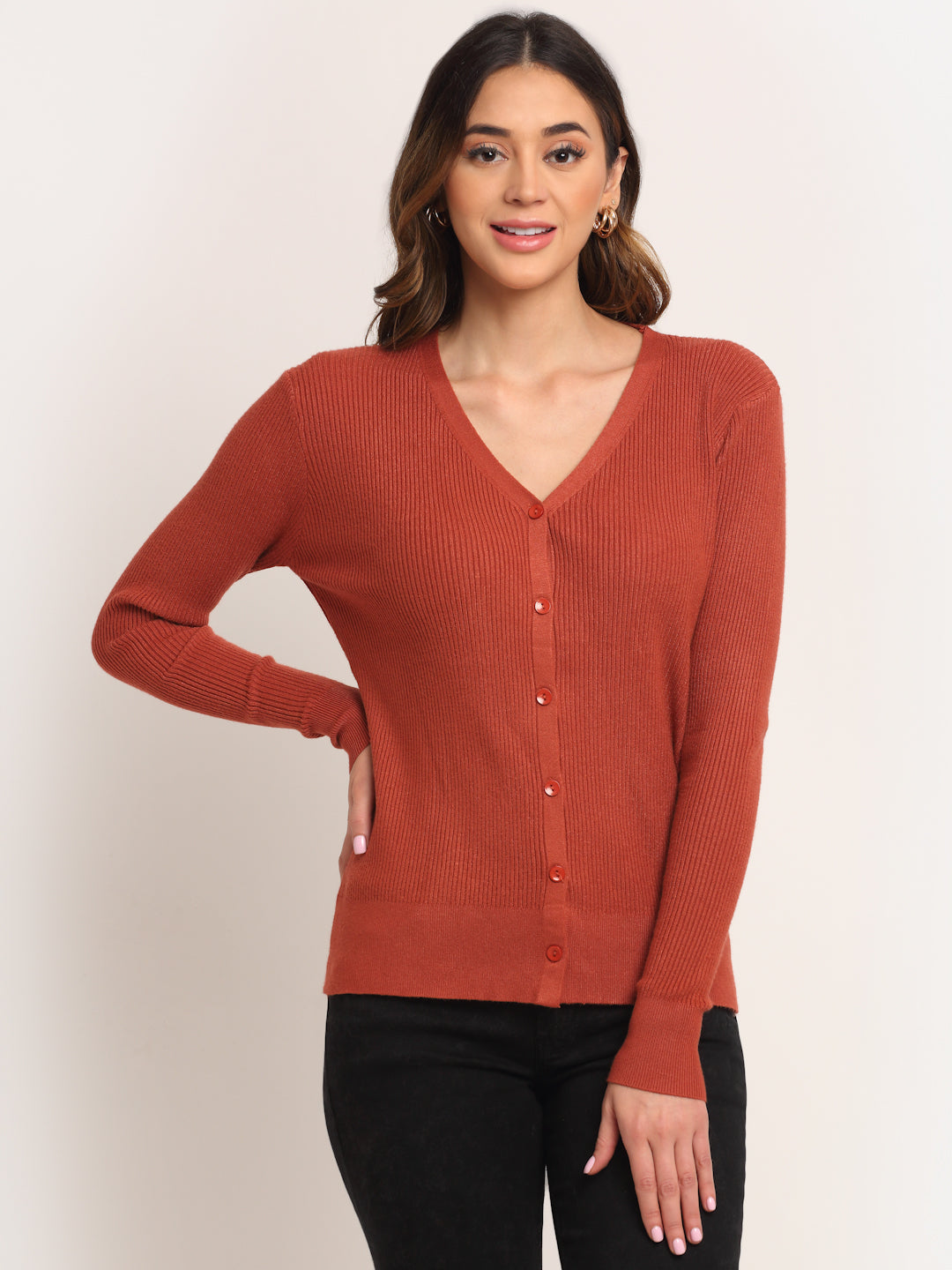 Women Red V-Neck KNIT Cardigan
