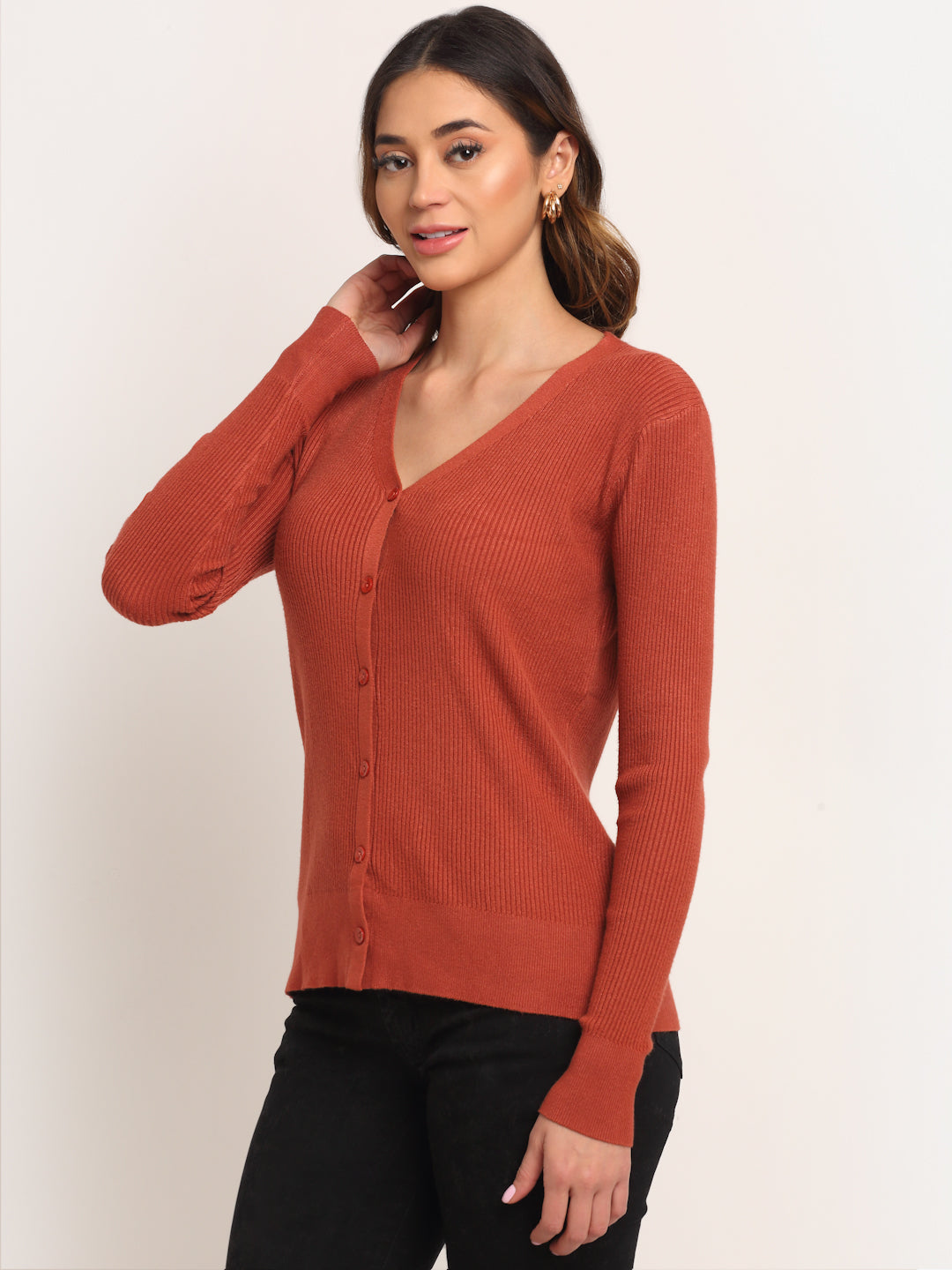 Buy Women Red V-Neck KNIT Solid Cardigan