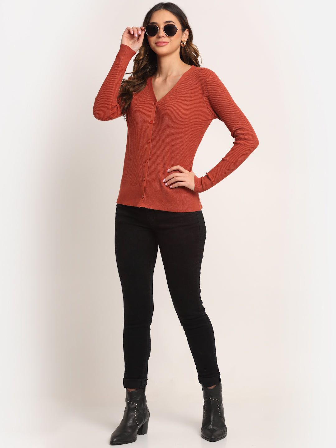 Red V-Neck KNIT Solid Cardigan