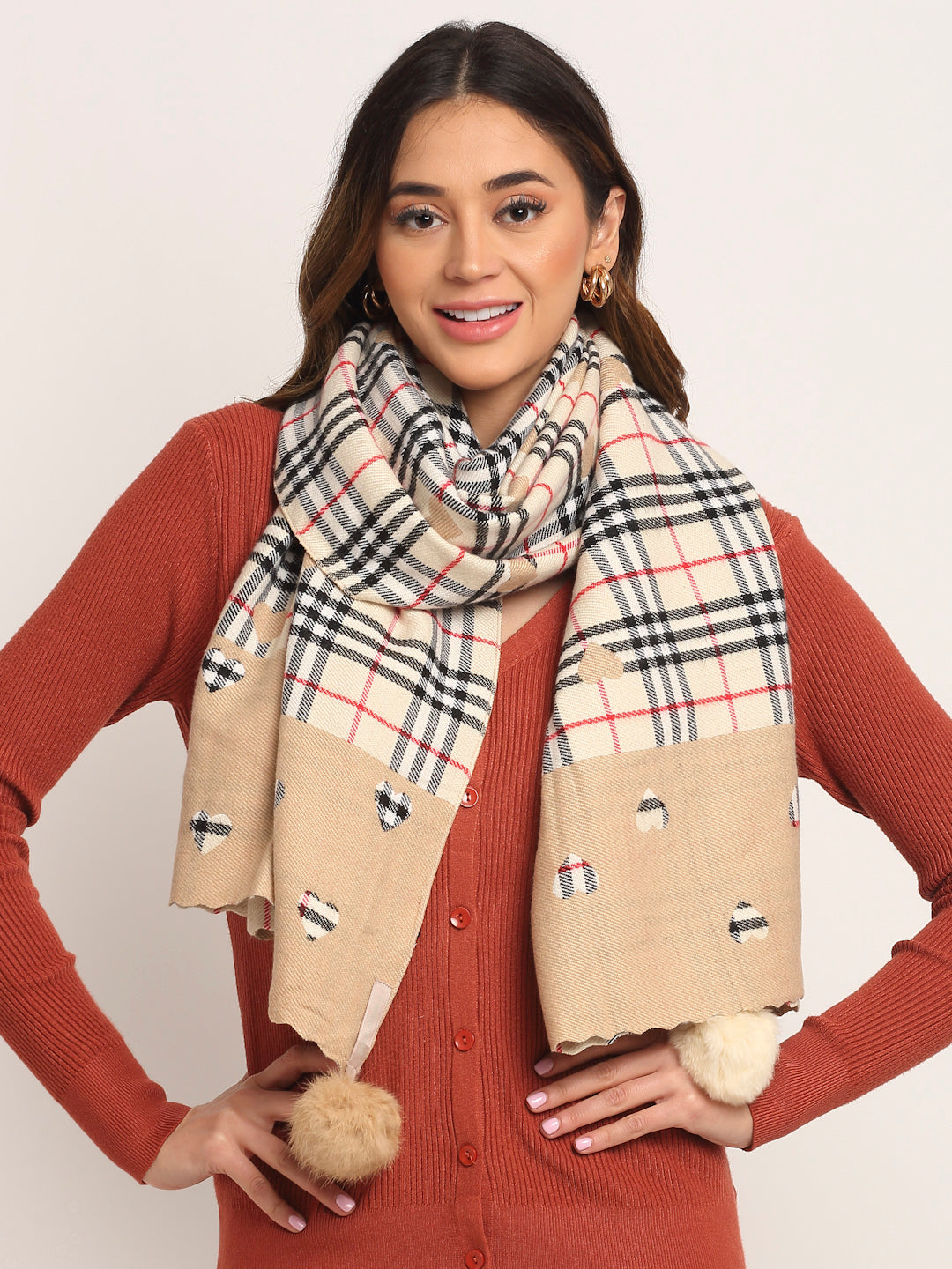 Women Brown Viscose Rayon Checked Stole