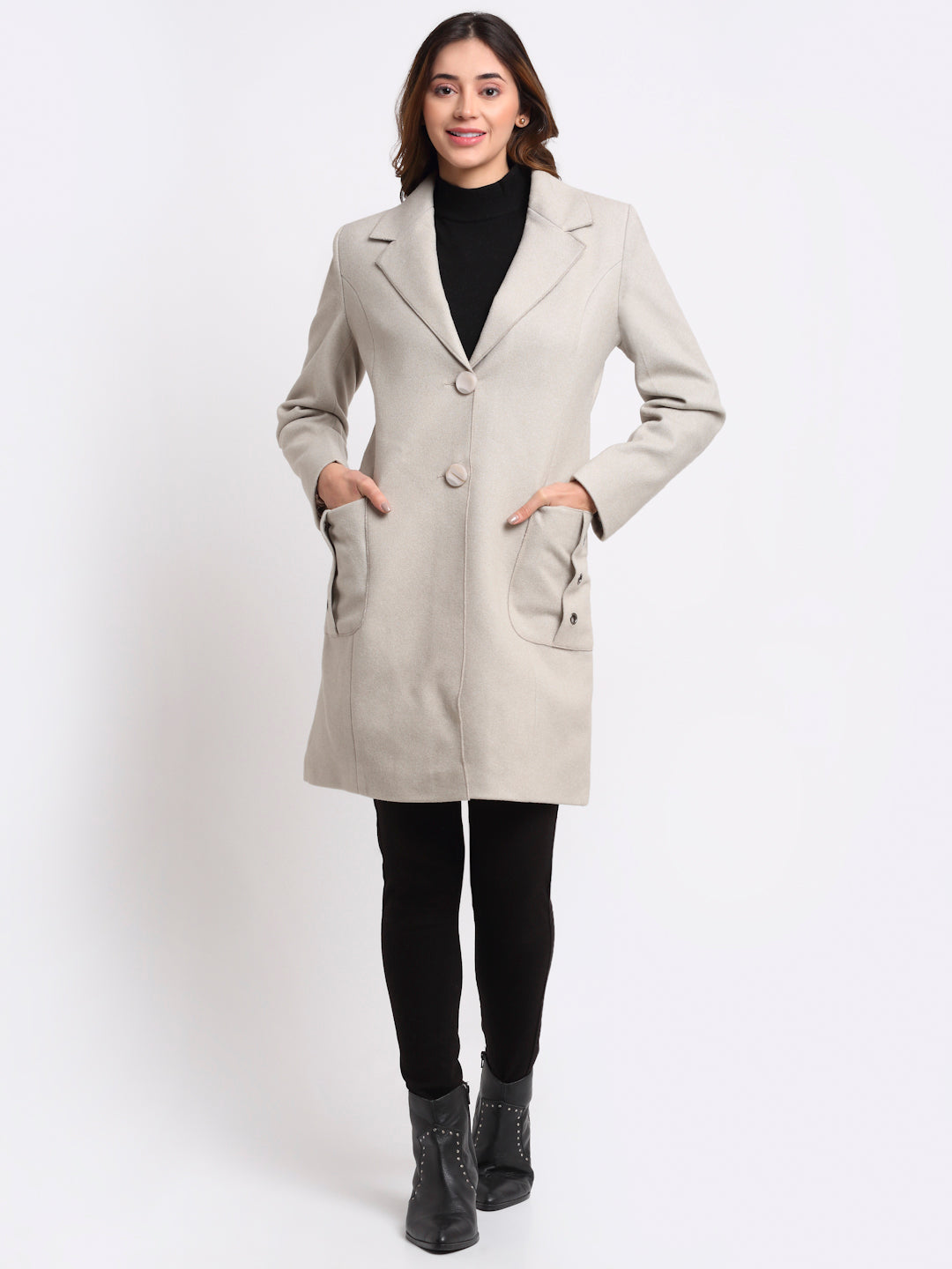 Buy Women Grey Notched Lapel Solid Coat