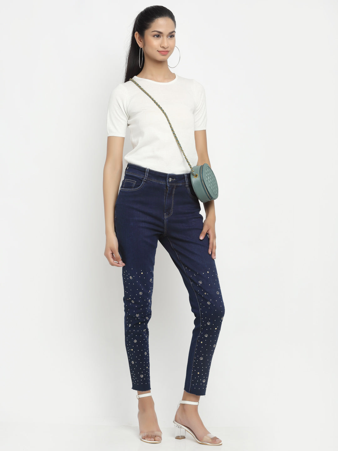 women straight fit dark blue embroidered jeans