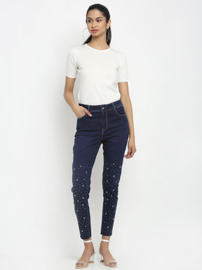 women straight fit dark blue embroidered jeans