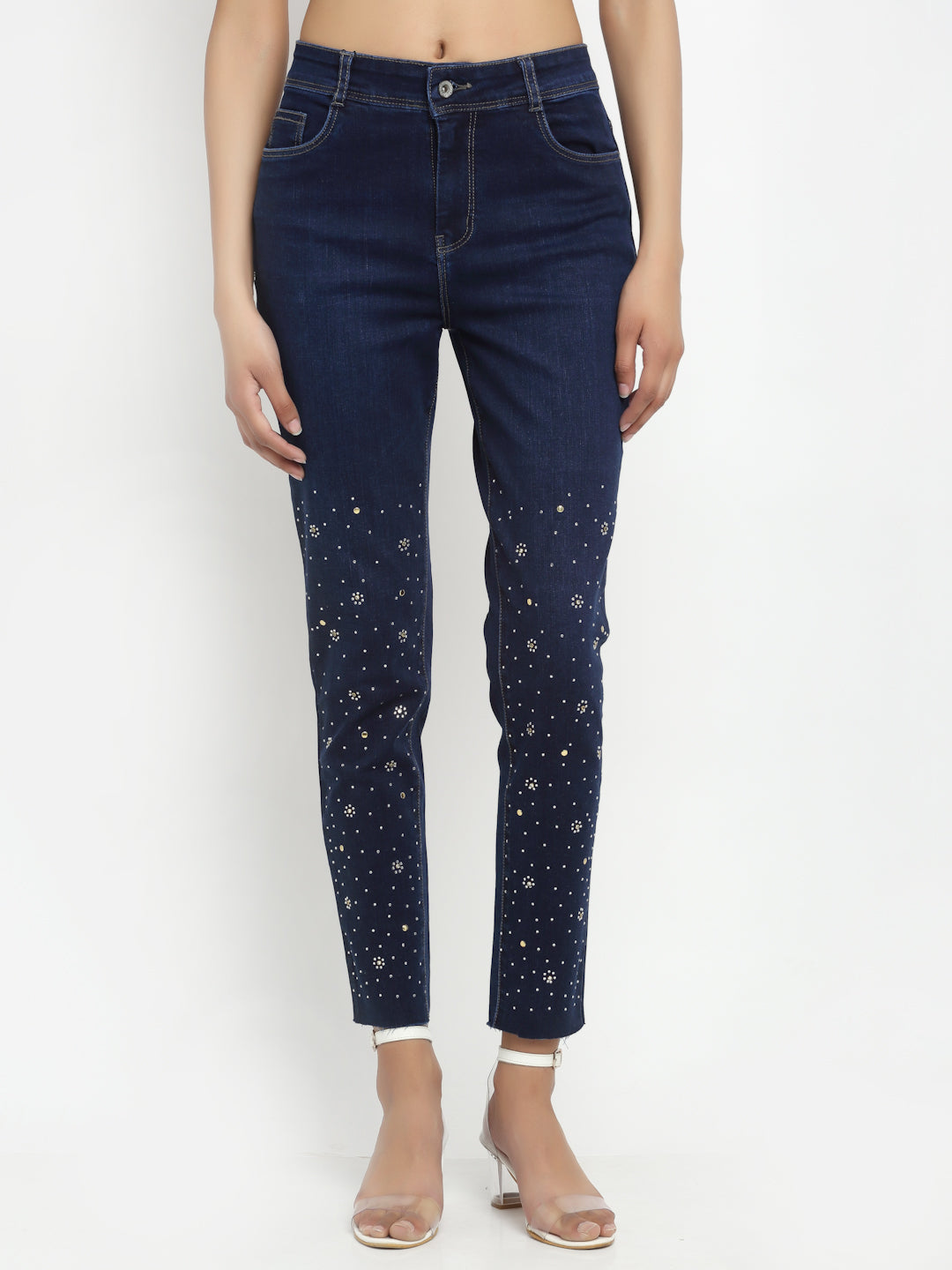 women straight fit dark blue embroidered jeans