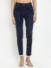 women straight fit dark blue embroidered jeans