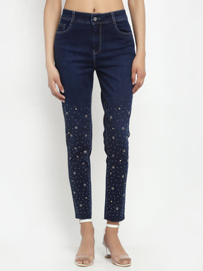 women straight fit dark blue embroidered jeans