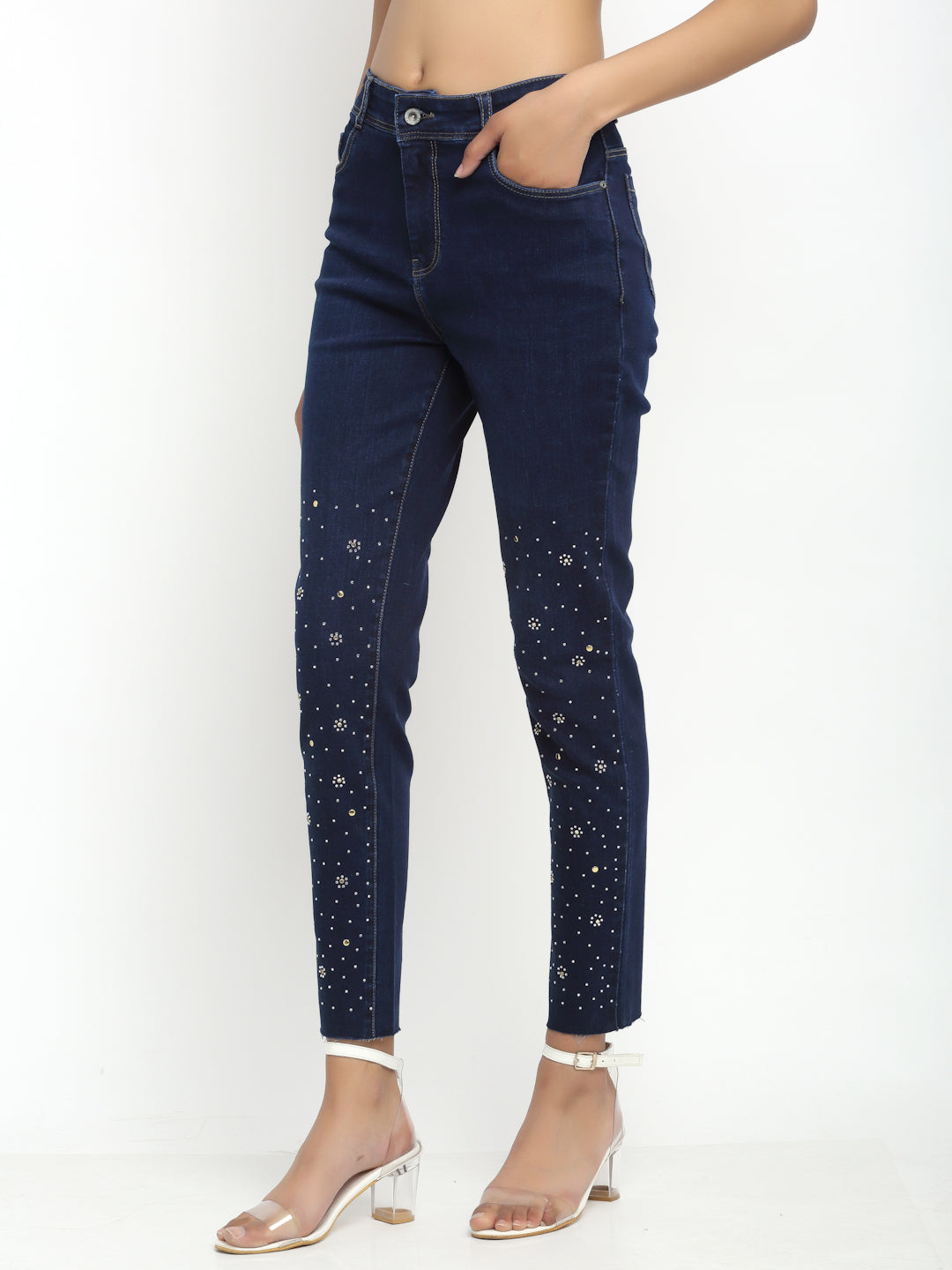 women straight fit dark blue embroidered jeans