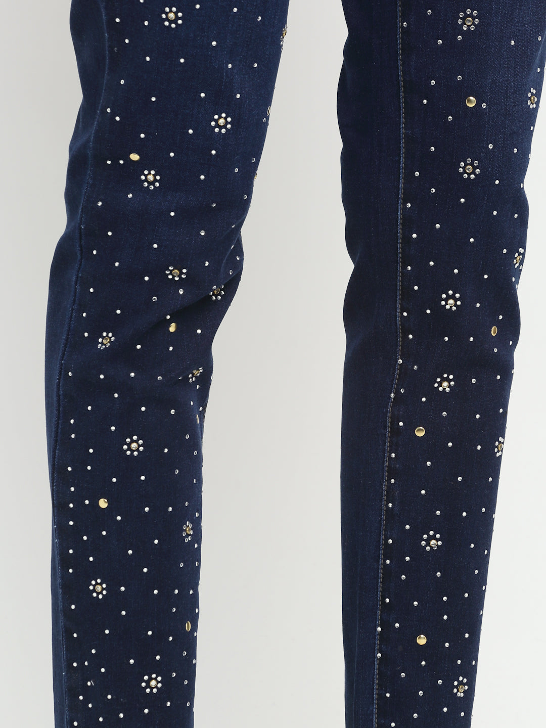 women straight fit dark blue embroidered jeans