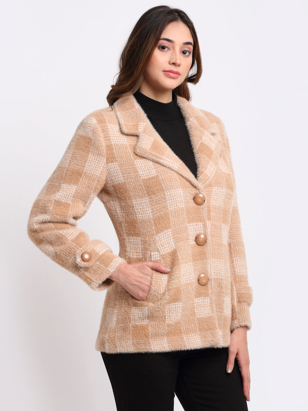  Khaki Lapel Checked Coat