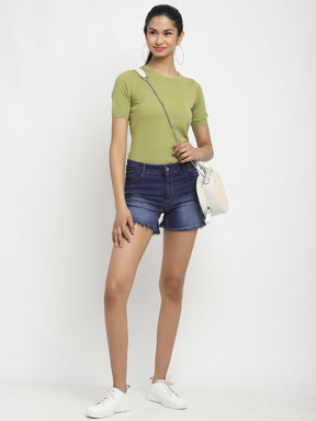 women blue denim solid shorts