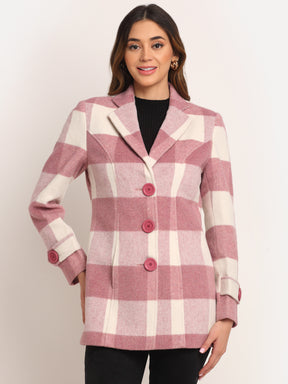 Women Pink Collared Polywool Checked Coat