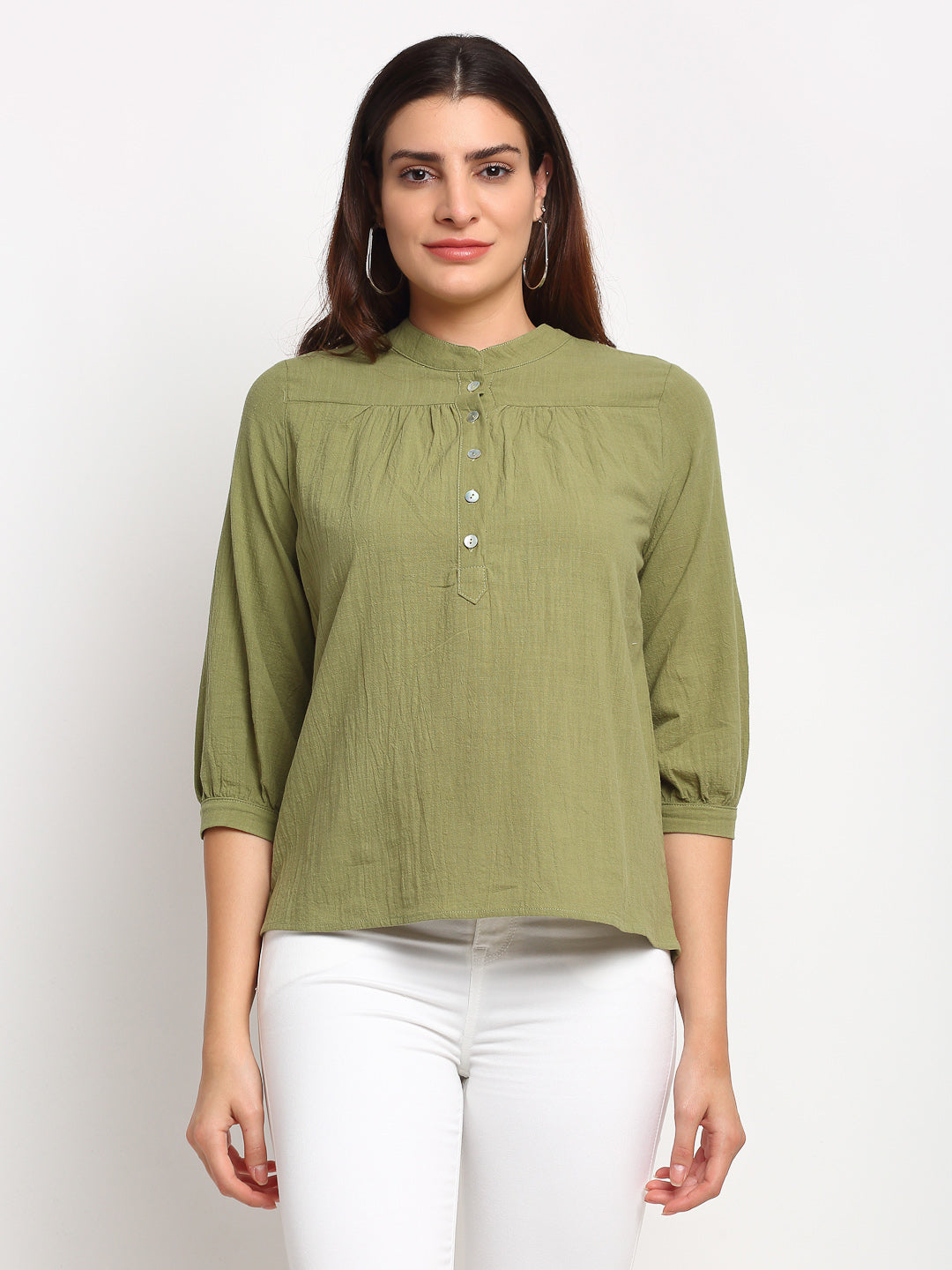 Women Green Mandarin Collar Cotton Top