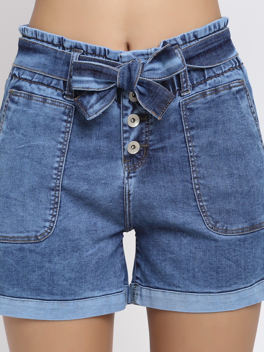 Women Blue Denim Solid Shorts