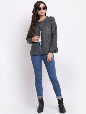 Women Black V-Neck Solid Knitted Regular Fit Cardigan