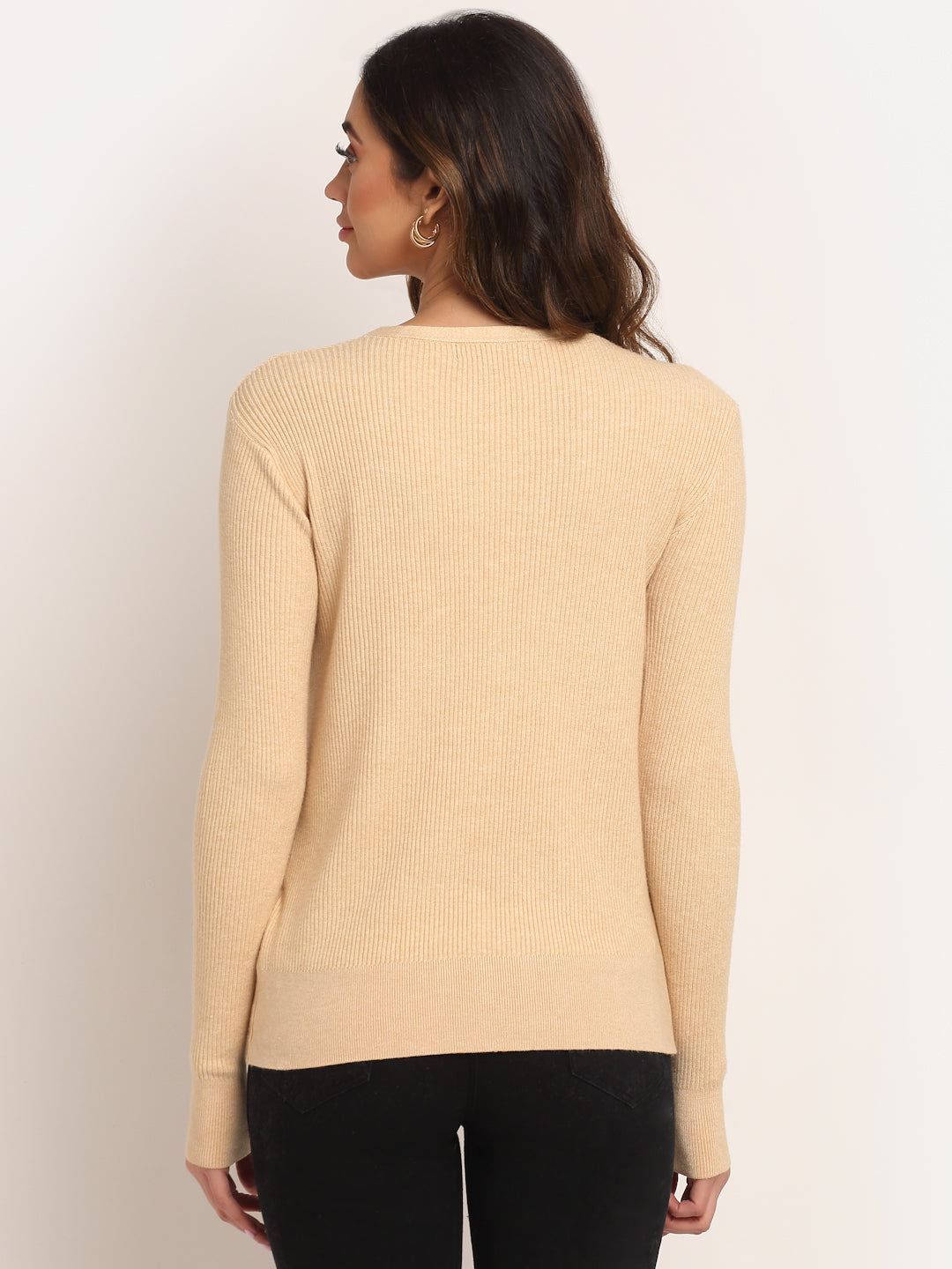 Women Beige Solid Cardigan With V-Neck