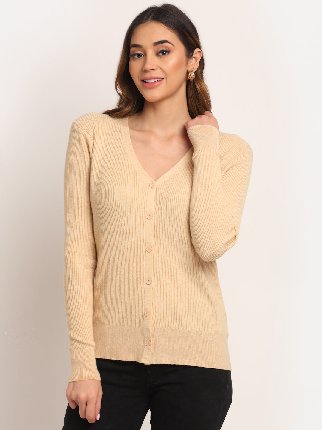 Women Beige V-Neck KNIT  Cardigan