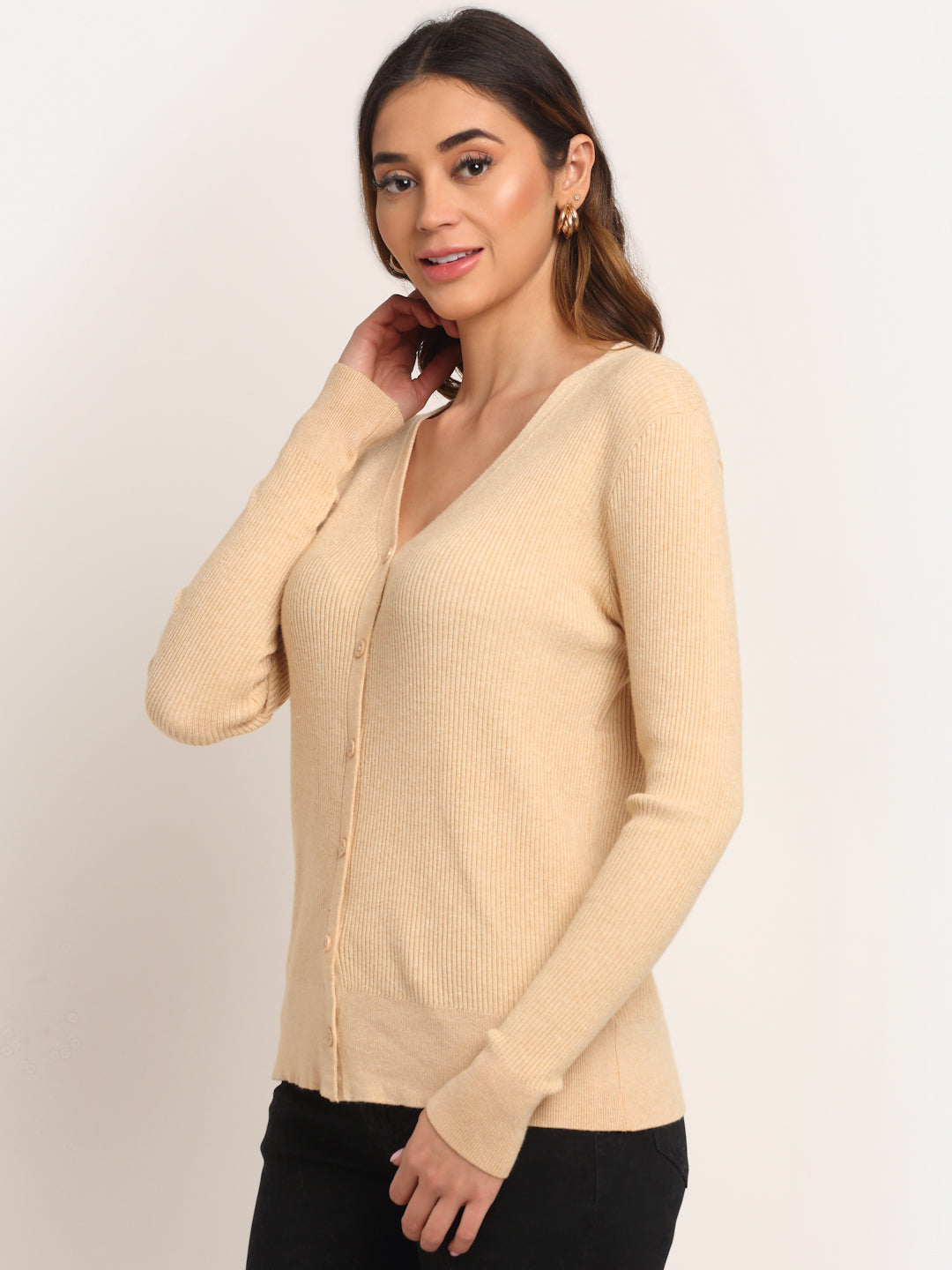 Women Beige Knitted V Neck Regular Fit Cardigan