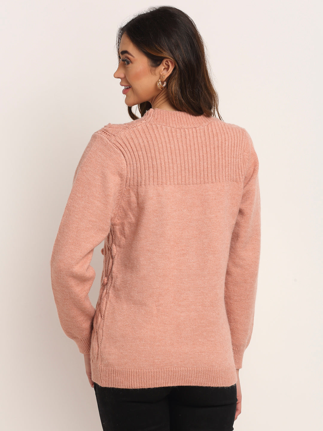 Women Pink Knitted V-Neck Regular Fit Cardigan