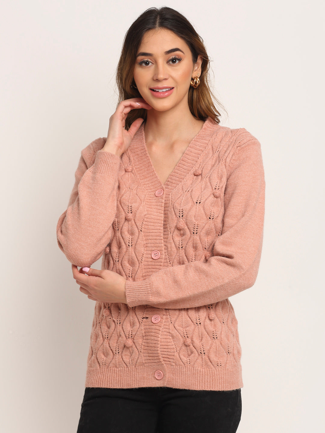 Women Pink Knitted V-Neck Regular Fit Cardigan