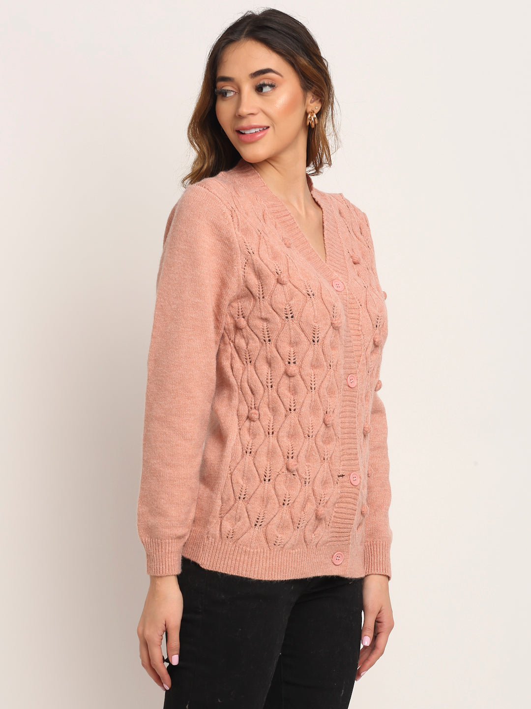 Women Pink Knitted V-Neck Regular Fit Cardigan