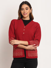 Women Maroon V-Neck KNIT  Cardigan