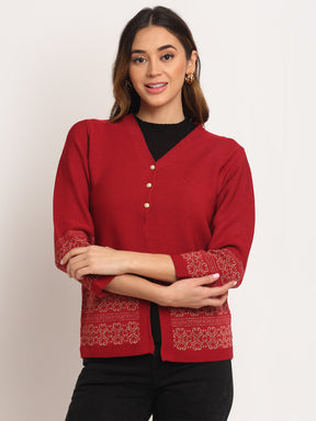 Women Maroon V-Neck KNIT  Cardigan