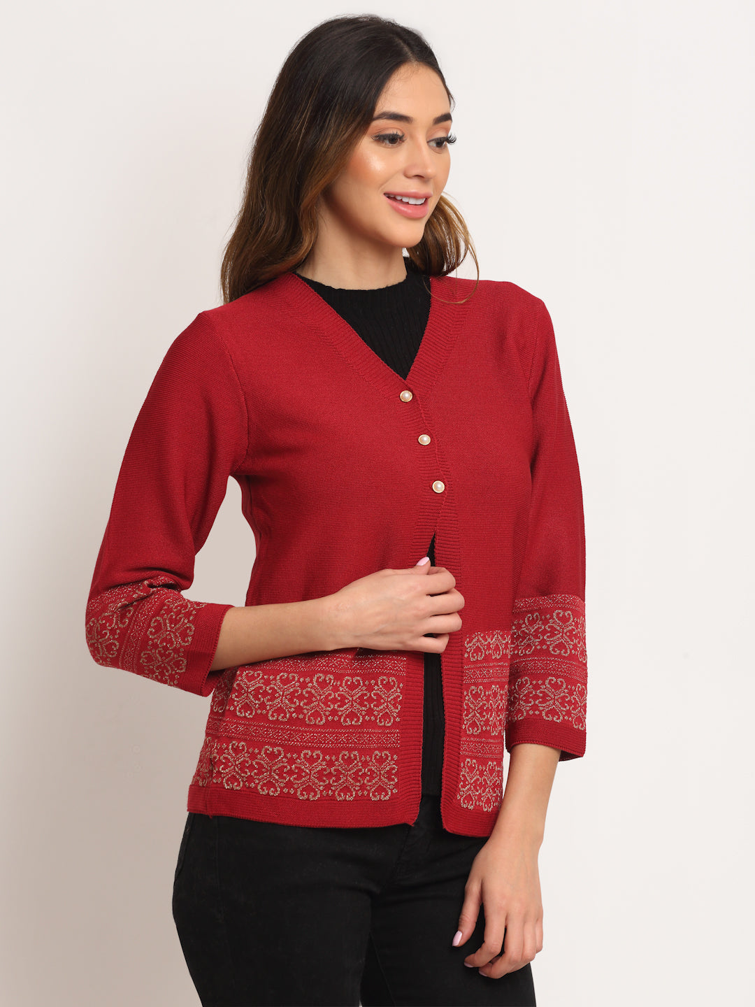 Women Maroon  KNIT Solid Cardigan With V-Neck