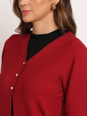 Women V-Neck KNIT Solid Cardigan With Maroon
