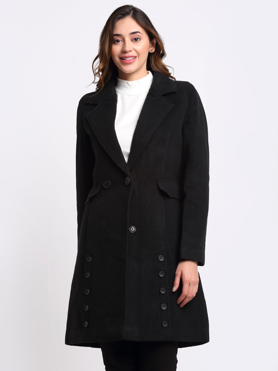 Women Black Notched Lapel Solid Coat
