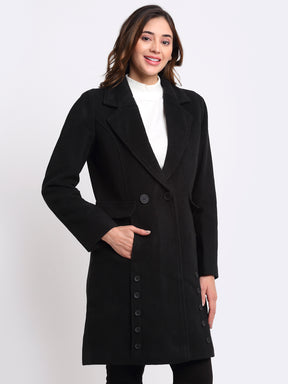 Women Black Notched Solid Coat