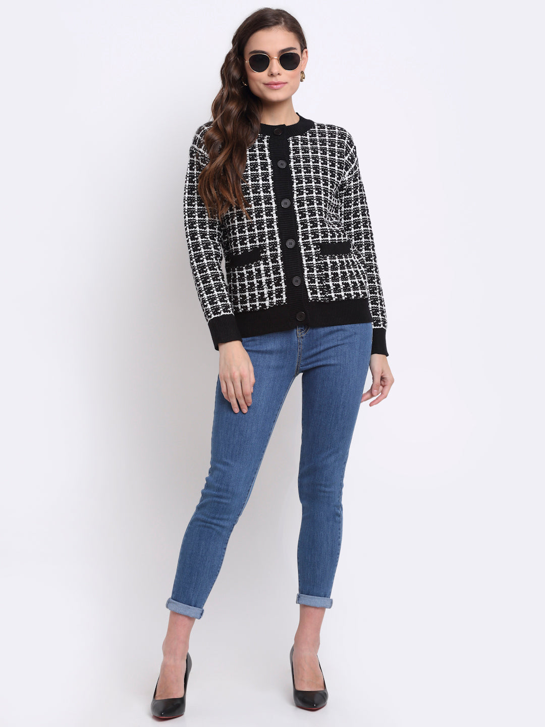 Women Black  Checked KNIT Cardigan With Round Neck