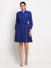 wome blue high neck solid knee length dress