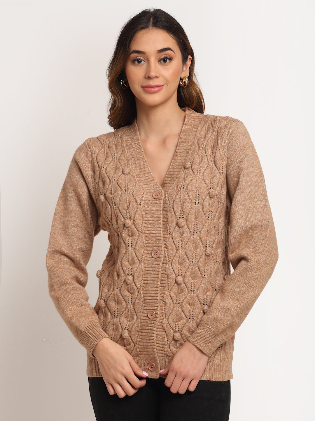 Women Khaki Knitted V-Neck Regular Fit Cardigan