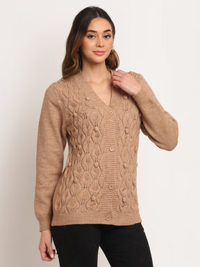 Women Khaki Knitted V-Neck Regular Fit Cardigan