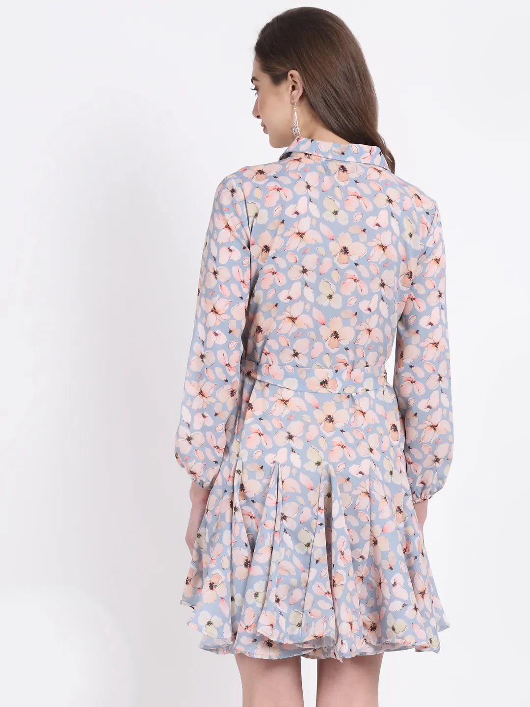 women sky blue floral printed collared dress