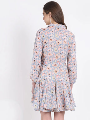 women sky blue floral printed collared dress