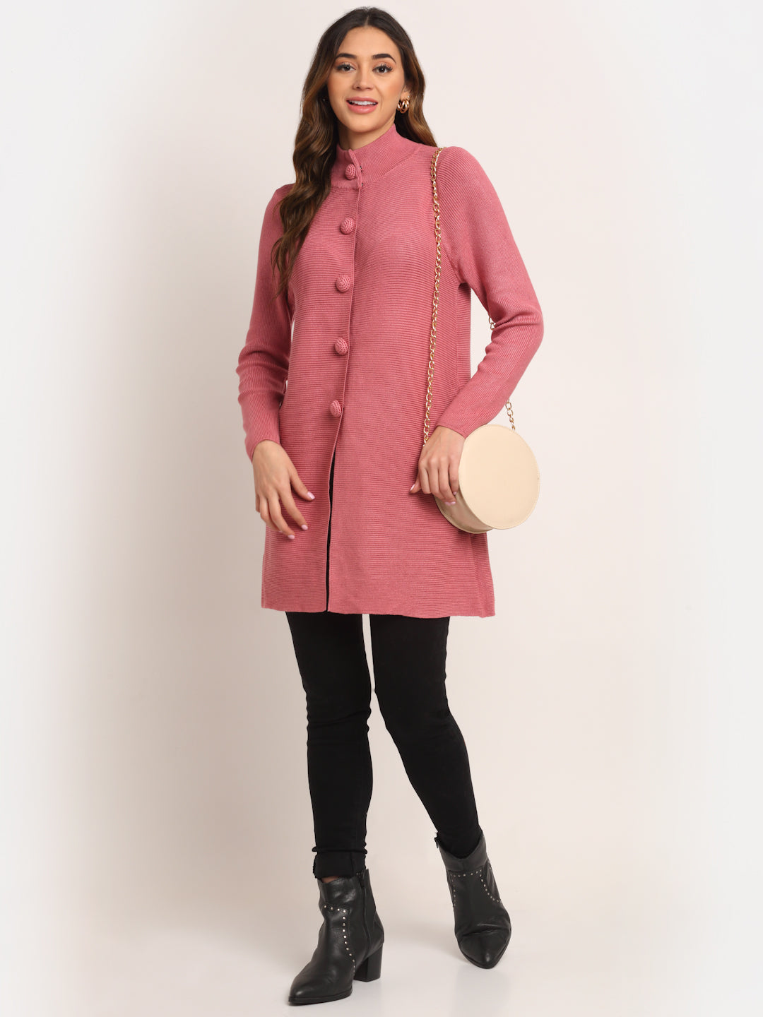 Buy Online Women Pink High Neck KNIT Solid Coat