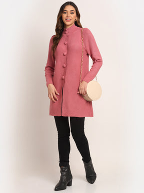 Buy Online Women Pink High Neck KNIT Solid Coat