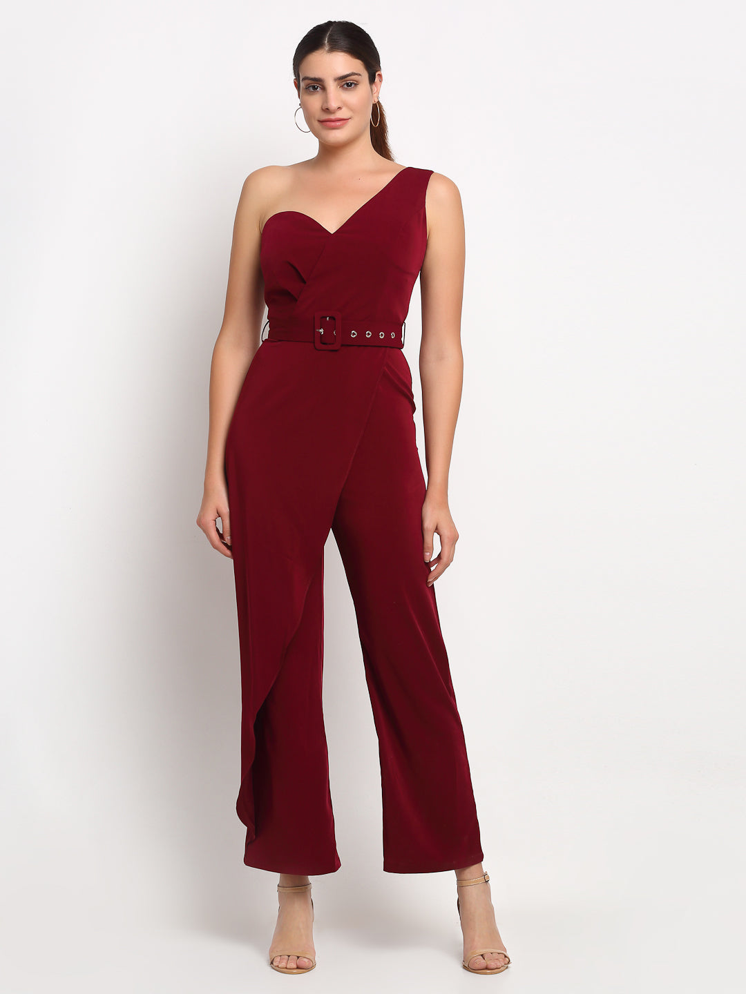 Women Maroon One Shoulder draped Jumpsuit