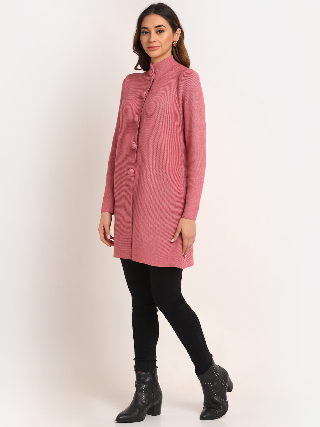 A New Brand  Women Pink High Neck KNIT Solid Coat