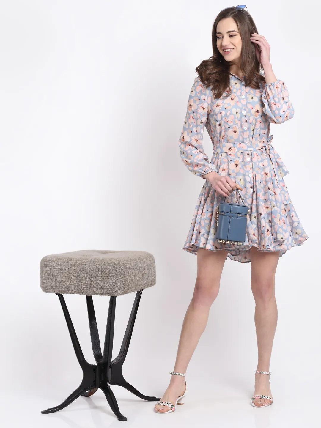 women sky blue floral printed collared dress