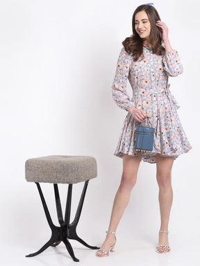 women sky blue floral printed collared dress