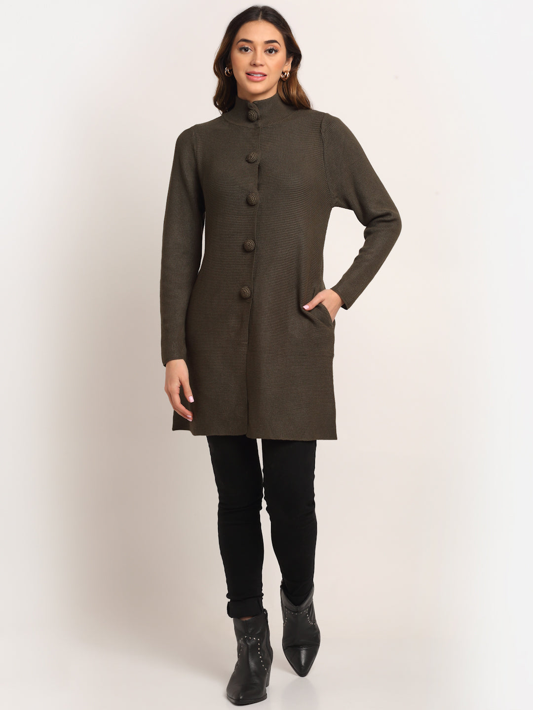 Women Green High Neck KNIT  Coat