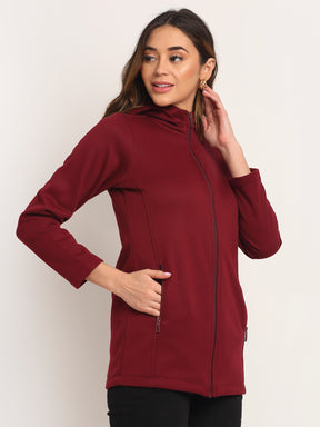 Women Red Straight Fit Hooded Zipper Sweatshirt