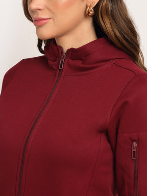 Women Red Straight Fit Hooded Zipper Sweatshirt