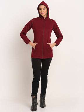 Women Red Straight Fit Hooded Zipper Sweatshirt