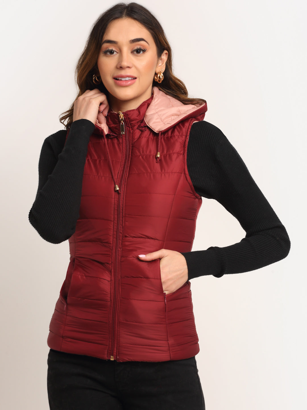  Maroon Solid Hood Reversible Jacket