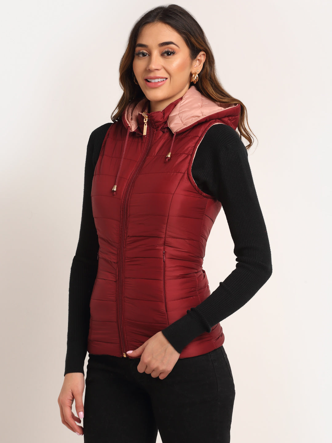 Shop Women Maroon Hooded Polyester Solid Reversible Jacket 