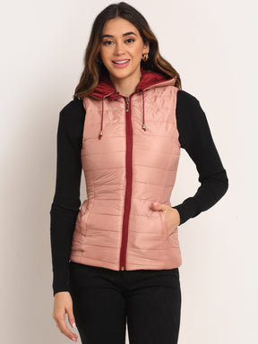 Women Maroon Hooded Polyester Reversible Jacket 